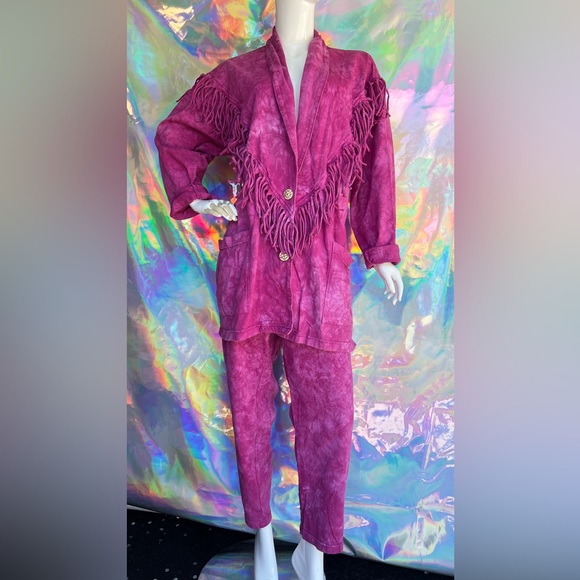 Vintage Pink Tie Dye Fringe Blazer Jacket Pant Set - Picture 9 of 14